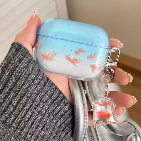 Lucky Fish Earphone Case Keyring For AirPods 4 2024 Clear Gradient Blue Goldfish for Airpods 1 2 3 4