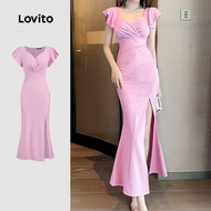 Lovito Casual Dress Ruffle Split Front Improving One’s Physique Spring/summer Pink Dress for Women L