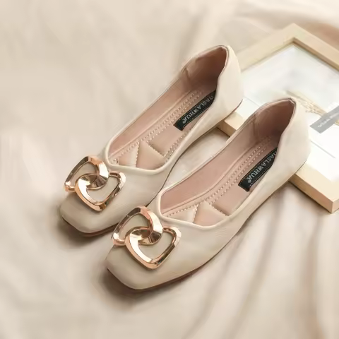 Women Flats Square Head Solid Color Big Size 44 45 46 Summer Spring Lady Shoes Slip on Leather Shoes