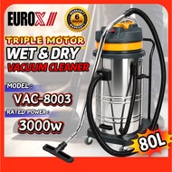 EUROX VAC8003 3000w 80L Stainless Steel Triple Motor Industrial Vacuum Cleaner Mesin Vacuum