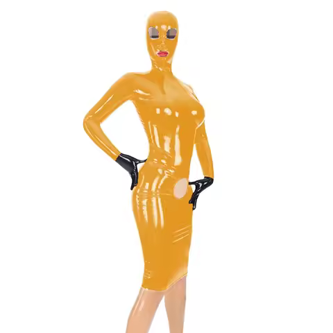 Zippered Back Zipper Bodysuit with Mask, Glossy PVC Leather, Long Sleeved Gloves, One Piece, Exotic,
