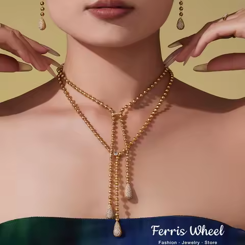 Shiny Zircon Water Drop Pendant Necklace Women's 316 Stainless Steel Gold-Plated Beaded Chain Neckla