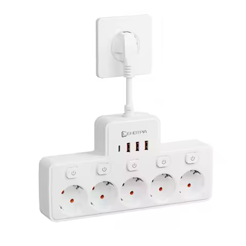 Power Strip EU Plug 5 AC Independent Switch Wall Mounted European Standard Socket With USB C Chargin