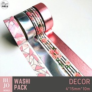BujoWorld 4 10M Christmas Washi Tape Pack - DECOR - Holographic Silver, Metallic Pink,  Roses, Patten Festive Gift Cards