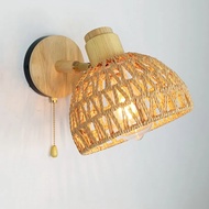 Rattan Wall Lamp Shade for Bedroom, Handwoven Rattan Wall Sconce with Pull Switch, Rustic Farmhouse 