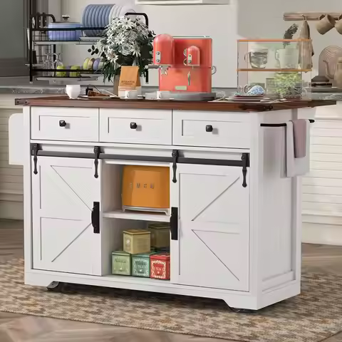 53.7" Farmhouse Kitchen Island With Power Outlet and Sliding Barn Doors, Rustic Storage Island With