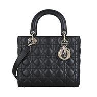 Dior 經典Lady Dior淡金吊墜字母LOGO幾何圖案縫線紋設計小羊皮手提斜背包(黑) 黑