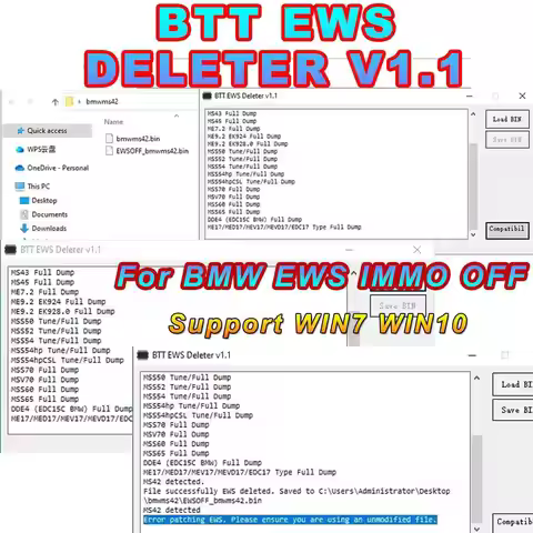BTT EWS Deleter V1.1+ Enigma Patcher v1.3 Easily Disable IMMO Support MS41-45 ME7.2 ME9.2 MSS54 ME17