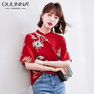 OULINNA เสื้อเชิ้ตผ้าชีฟองคอปกตั้งของผู้หญิง,เสื้อกี่เพ้าสีแดงแนวเรโทรจีนใหม่ฤดูร้อนปี2021