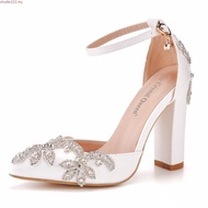 XSHXY · 7cm Thick Heel Pointed Shoes Hollow Square Root Sandals Rhinestone Wedding Women White Brida