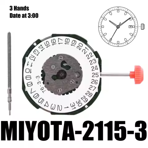 2115 Movement Miyota 2115-3 Movement with date display at 3 o'clock 3 Hands Size 10 1/2’’’ Height 4.