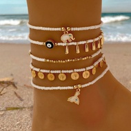 5pcs Bohemian Style Beaded Elephant & Fish Tail Pendant Anklet, Devil's Eye Multi-Element Tassel Ank