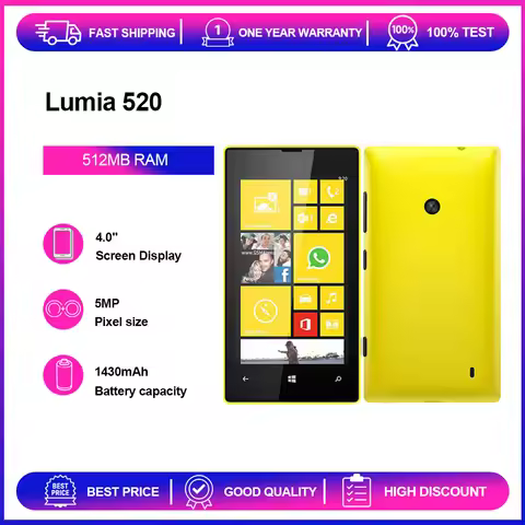 Unlocked Refurbished Lumia 520 5MP 4.0 inches Phone GSM 900 / 1800 8GB 512MB RAM 1430mAh Bluetooth