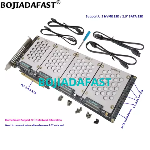 PCI-E 4.0 16X PCIe X16 To 4 x U.2 SFF-8639 U2 NVME & 2.5" SATA SSD Adapter Card (Motherboard Support