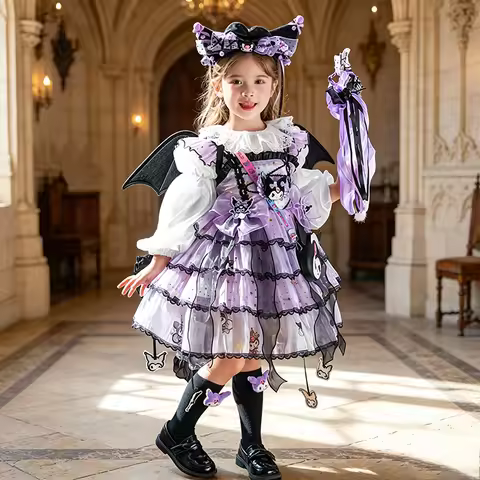 Anime Kuromi Vintage Lolita Dress for Girls Ruffled Princess Costume with Bowknot Layered Sequin Bal
