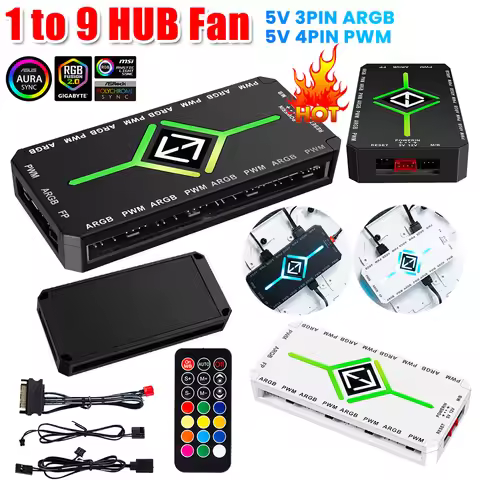 1 To 9 Ports 3 in 1 PWM Fan Hub SATA Power Supply PWM Magnetic Fan Hub Splitter PWM & ARGB Hub Split