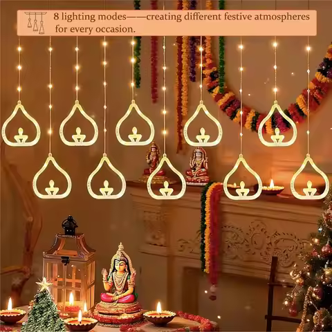 Diwali Usb Curtain String Lights Hanging Diya Ring Ornaments 8 Modes Window Curtain Light Home Mandi