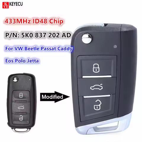 KEYECU For Volkswagen Beetle Passat Caddy Eos Polo Jetta 433MHz ID48 3 Button Upgraded Remote Key 5K