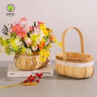 QIUJU Braid Flower Baskets, Hand-Woven Wood Flower Arrangement Basket, Creative Picnic Lace Tassel Sturdy Packaging Gift Basket Flower Shop