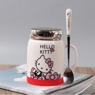 【上品居家生活】寬版粉紅 Hello Kitty 凱蒂貓 創意鏡面蓋 卡通風格陶瓷杯帶小湯匙/小勺子 (420ml)