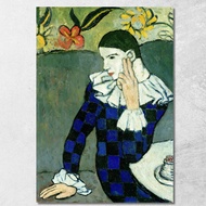 Art reproduction Seated Harlequin Picasso Pablo ppc22 รูปติดผนัง ภาพที่มีชื่อเสียง ภาพพิมพ์รายละเอีย