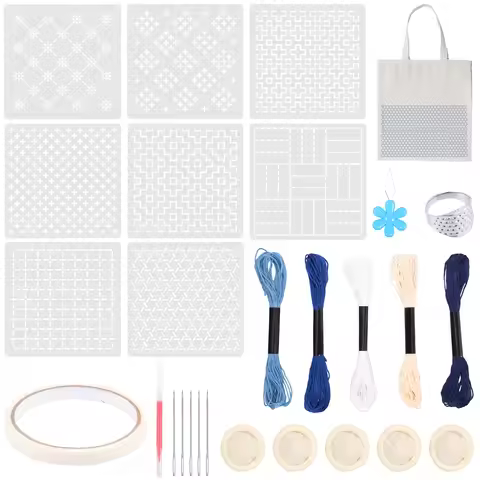8 Pcs Plastic Sashiko Stencils Kit 5x5in/4.7x4.7inch Geometric Sashiko Pattern Templates with Thimbl