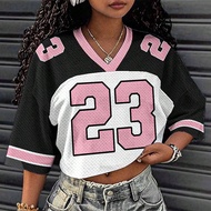 Women Casual V-Neck Loose Short 5/8 Sleeve Mesh T-Shirt, Suitable For Summer, Sports Games,School Cl