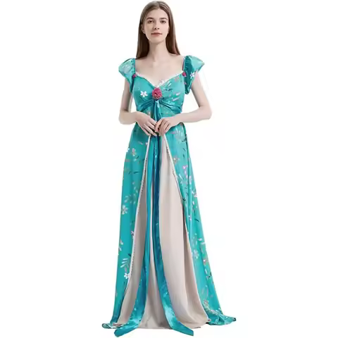 Giselle Cosplay Costume Women Long Floral Dress Blue Princess Dress Halloween Carnival Party Ladies 