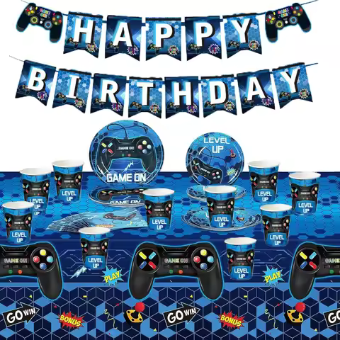 52 pieces of blue game controller themed birthday party paper plates, cups, tissues, flags, tablewar