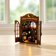 Miniature House Kit Wooden Miniature Coffee Shop Kit Book Nook 3D Book Nook with Light Bookshelf Dec