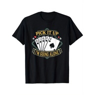 Funny Euchre Card Game T-Shirt - "Pick It Up" & "I'm Going Alone" Slogan, Black with Yellow & Orange