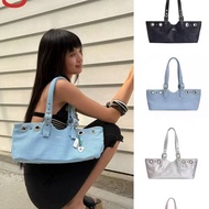 Hieta Korean Niche Rivet Denim Bag Shoulder Handbag Large Capacity Tote Underarm Bag Female