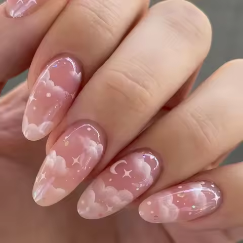 24Pcs Pink Cloud Sweet Star Moon Acrylic Nails Press on Almond Wearable Full Cover False Nails Art T