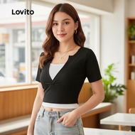 (trendy2)Lovito Casual T-Shirt Fake 2 In 1 Summer/Spring T-Shirt for Women L129ED337 Lovito T-Hate r