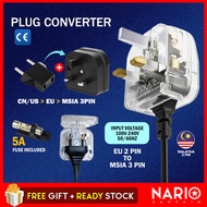 NARIO EU TO MSIA/UK FUSED EURO 2 Pin To 3 Pin Plug Converter Fits 5A Power Fuse Adaptor Penukar Pala