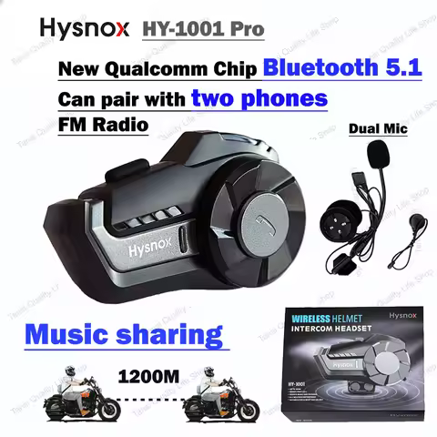 Hysnox Motorcycle HY-1001 Pro Helmet Intercom Headset 800M 2 Rider Talking Bluetooth 5.0 Headset Wit