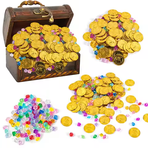 50/100pcs Plastic Pirate Gold Coins Pirate Gems Treasure Jewelry Fake Coins for Pirates Themed Adven