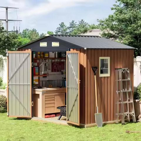 8x6 Ft Storage Shed, Large Outdoor Shed with Floor Base, Window, Lockable Doors, Outside Steel Shed 
