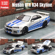 {fdsgtf} 1/32นิสสัน Skyline GTR R34 JDM รถของเล่นรุ่น D Iecast ยานพาหนะขนาดเล็กเสียงและแสงดึงกลับของ