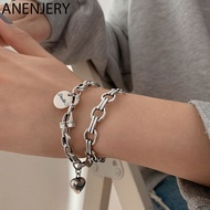 ANENJERY 925 Sterling Silver Letter Heart Bracelet Bangles for Women Men Geometric Open Cuff Bangles