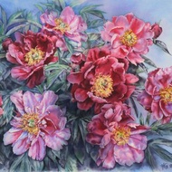 粉紅牡丹牆藝術原創水彩畫由藝術家 Irina Zhunaeva 創作