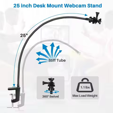 【Home-Tools!】2X Webcam Stand, Upgraded Webcam Mount Stand With Flexible Gooseneck Arm And Clamp, Sui