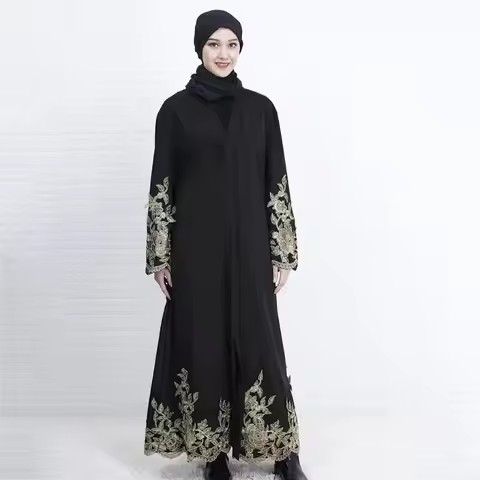 N7YD Women Muslim Long Sleeve Maxi Dress Middle East Abaya Robe Embroidery Floral Applique Islamic D