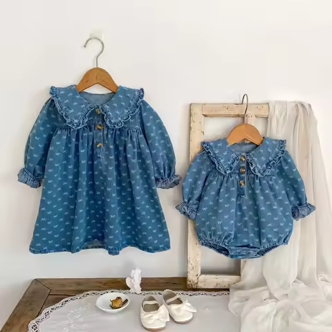 2026 Spring Vintage Look Siblings Denim Dress Bodysuit Matching Casual Bow Print Blue Baby Girl Dres