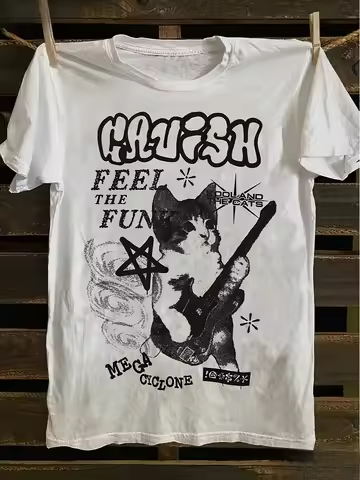 Vintage Punk Graphic T-Shirt A Retro Music Tee Featuring The Lyrics "Hush Feel The Fun" and "I Feel 