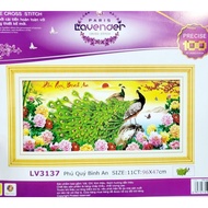 Embroidered painting of green peacock, wealth and peace LV3137 - size: 96 * 47cm. (UNWORKED PAINTING