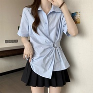 Áo Thun Polo Tay Ngắn Màu Trắng Không Đều Cho Nữ Mùa Hè Cỡ Lớn Thiết Kế Thắt Eo Áo Thun Cổ Polo Màu