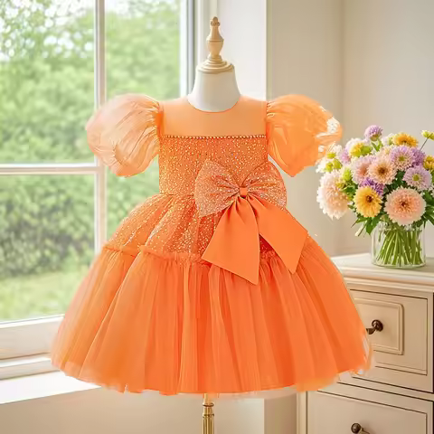 Orange puff sleeve dress for girls sequined princess dress elegant dress for birthday party piano co