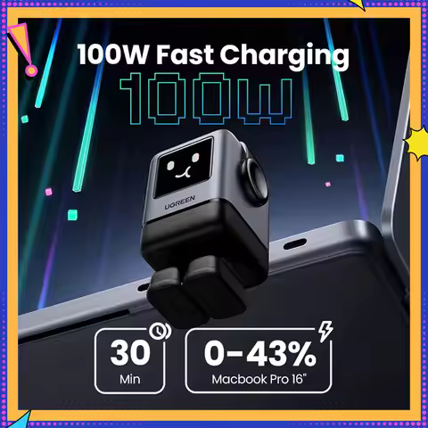 【US Plug】UGREEN Uno 100W GaN Charger Robot Design QC4.0 3.0 PPS iPhone 17 16 15 Pro Macbook Laptops 
