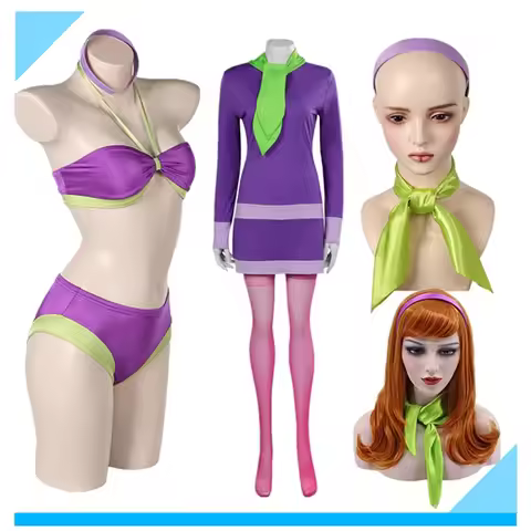 Daphne Blake Cosplay Costume TV Cartoon Women Swimsuit Dress Headband Socks Wig Outfits Halloween Ca